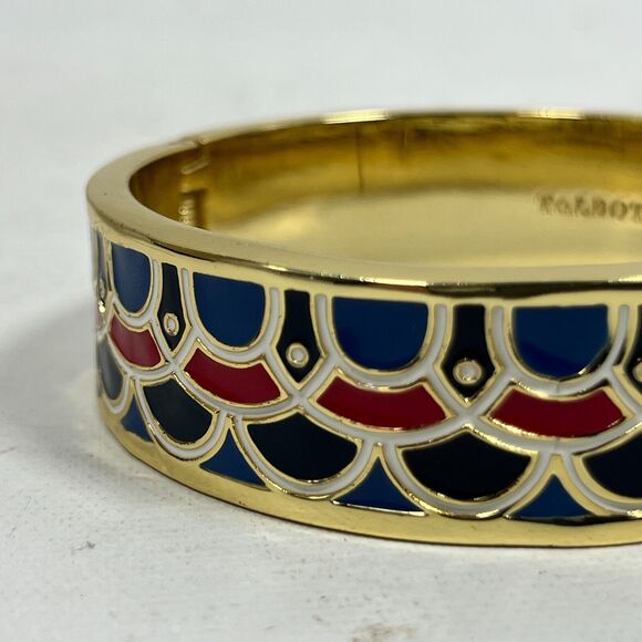 TALBOTS Bracelet Bangle Gold Tone Cuff Fashion Scallop Enamel Blue - Picture 2 of 7